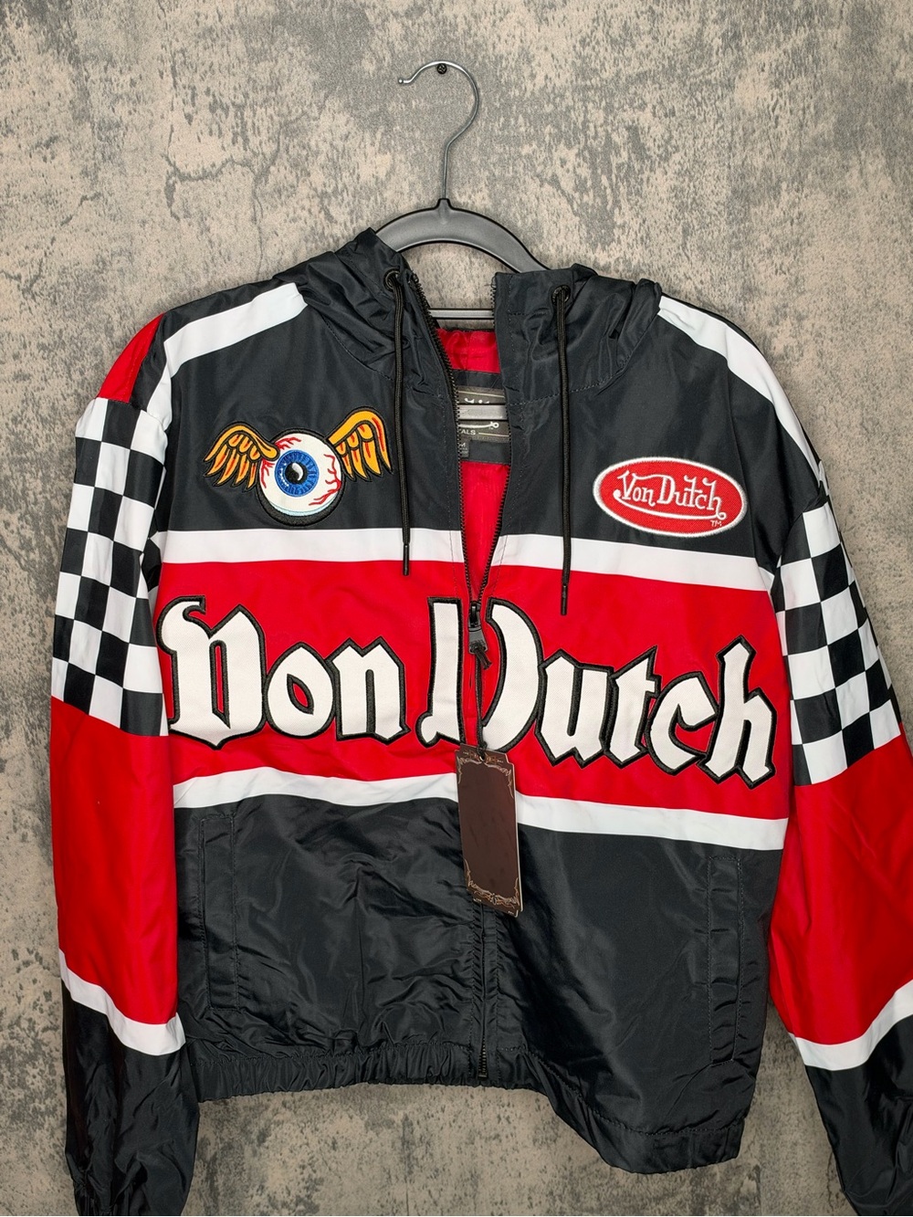 Von Dutch Black & Red Racing Windbreaker with Checkered Sleeves